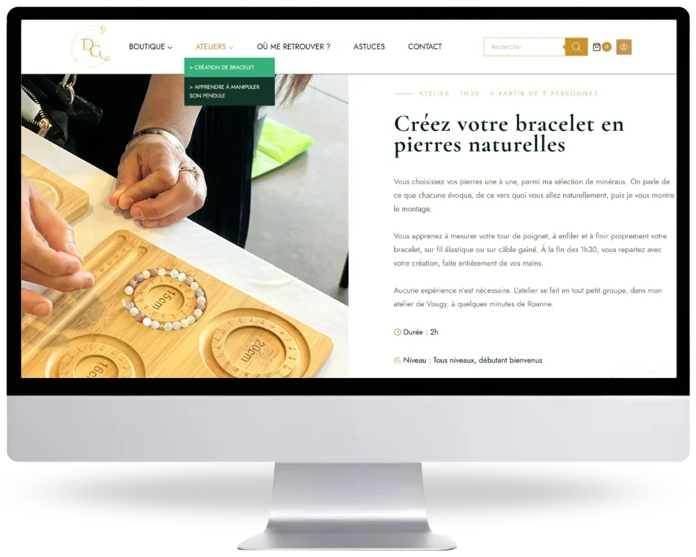 Page de l'atelier de création de bracelet sur le site DGC Minéraux