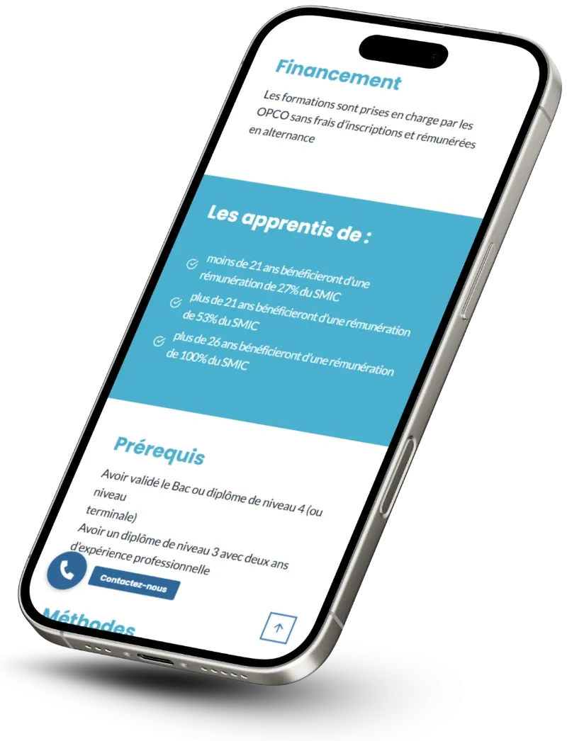 Fiche formation du site Formalink CFA sur smartphone : financement et prérequis