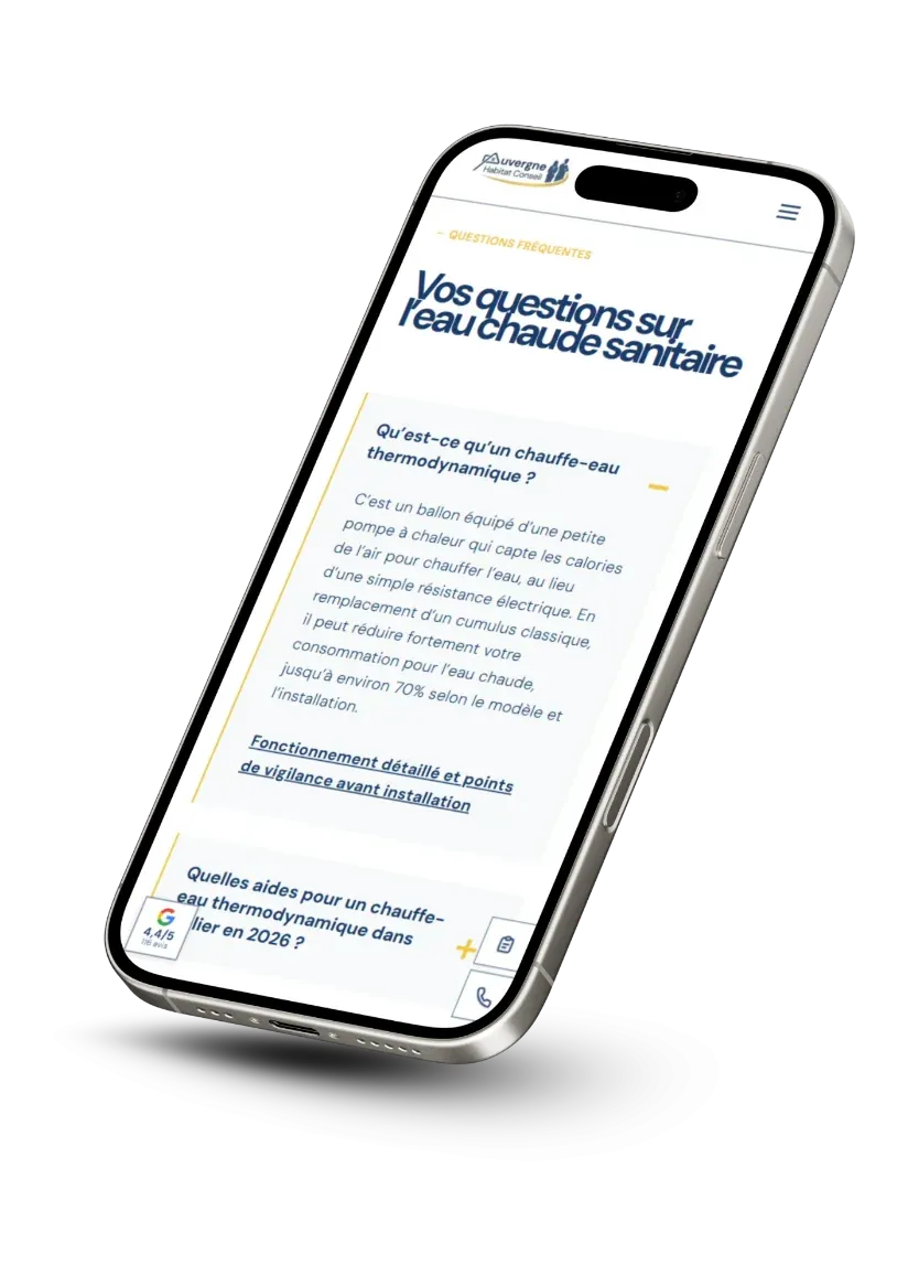 Page du site Auvergne Habitat Conseil sur smartphone : questions fréquentes sur l'eau chaude sanitaire