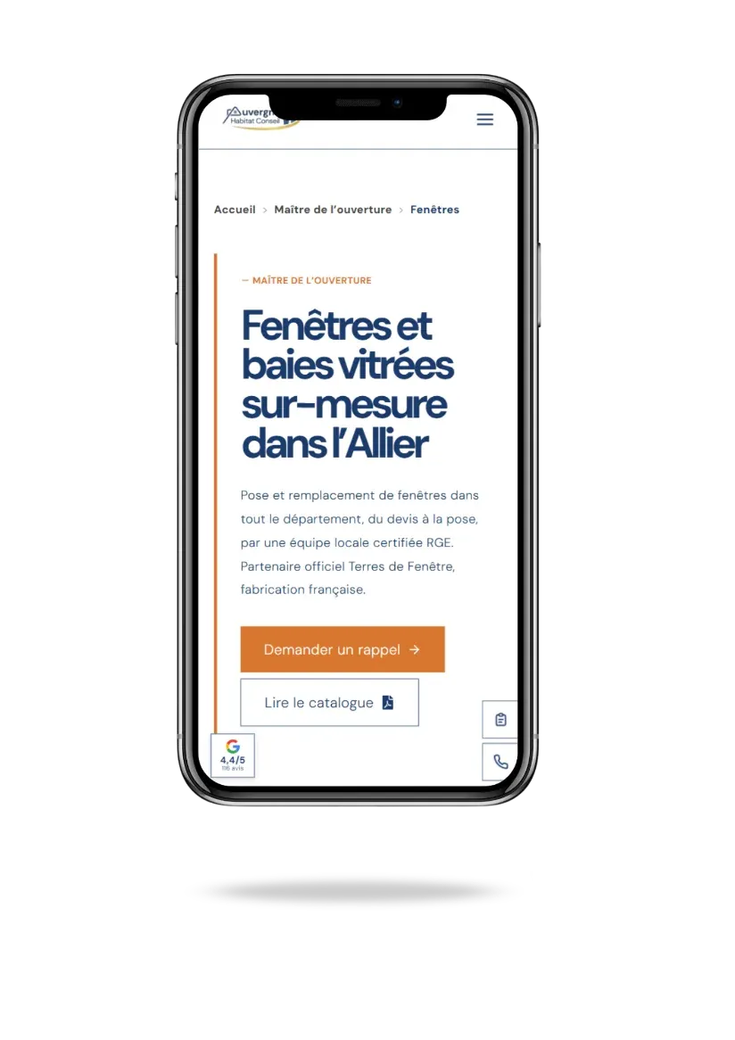 Page Fenêtres du pôle Maître de l'Ouverture sur smartphone, site Auvergne Habitat Conseil
