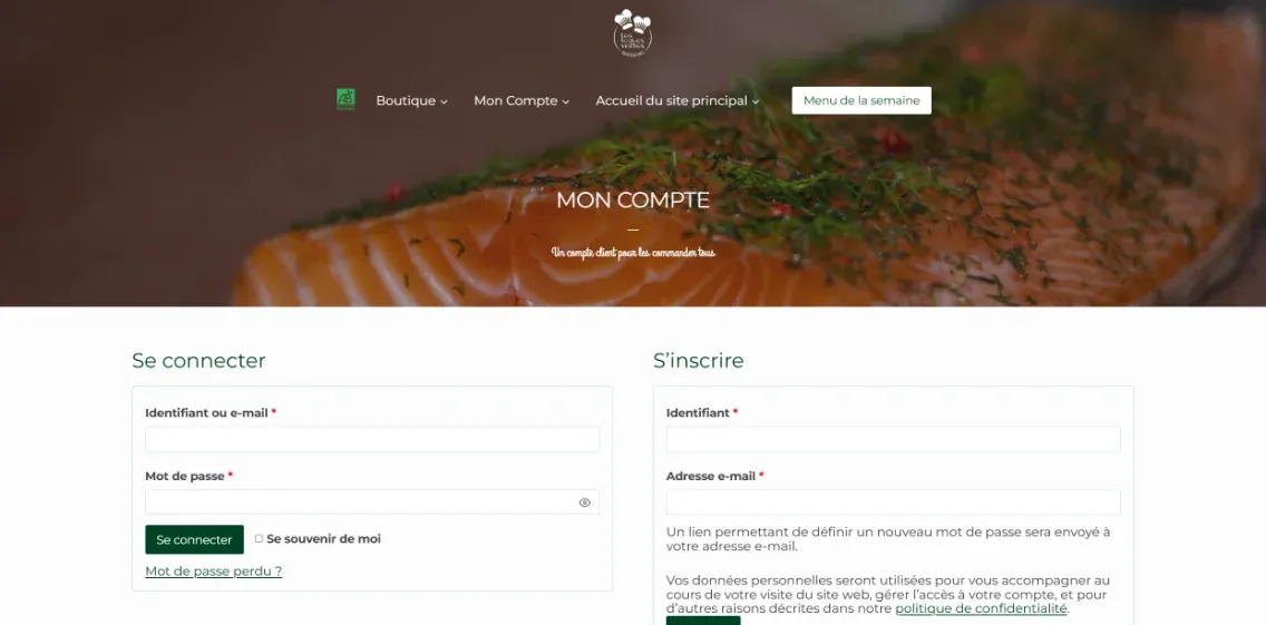 Page de connexion de la boutique en ligne privée des Toques Vertes