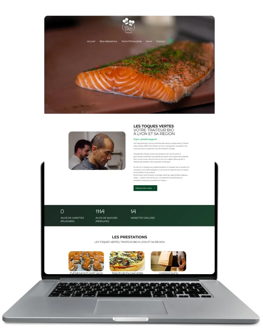 Site vitrine des Toques Vertes, traiteur bio à Caluire-et-Cuire, sur ordinateur et mobile